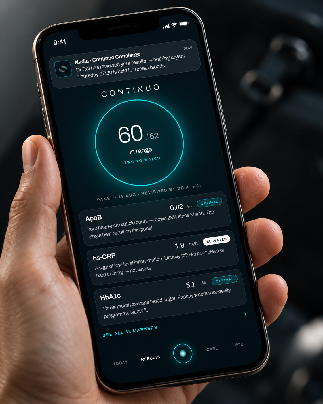 The Continuo member app showing reviewed blood results